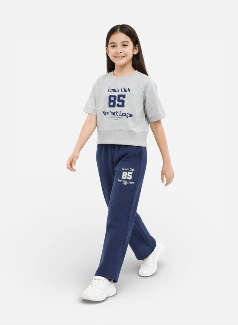Victor And Jane  Girls 2 Pc Set Tennis Club Print T-Shirt & Pants Set – Grey & Navy for Women | Best Price UAE